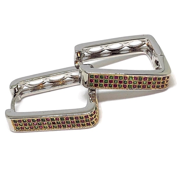 Roma Squares Cz Silver Plated Hoops Earrings - Picture 4 of 5